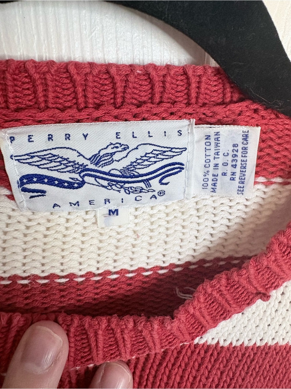Vintage Perry Ellis America USA Flag Sweater Red White Blue Cotton Knit Unisex - Picture 5 of 9